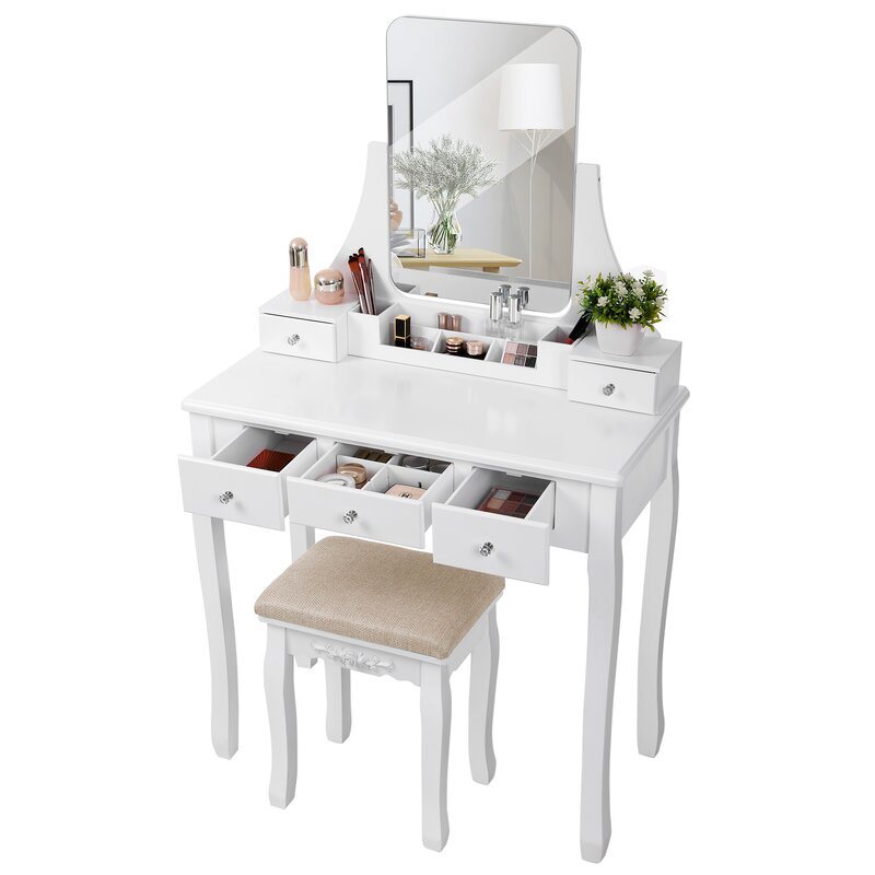 White Wood Dressing Table Set with Mirror