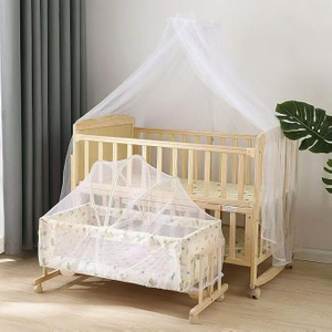 Wooden Baby Bed with Swing Cradle, Mosquito Net, Storage Space And Wheels
