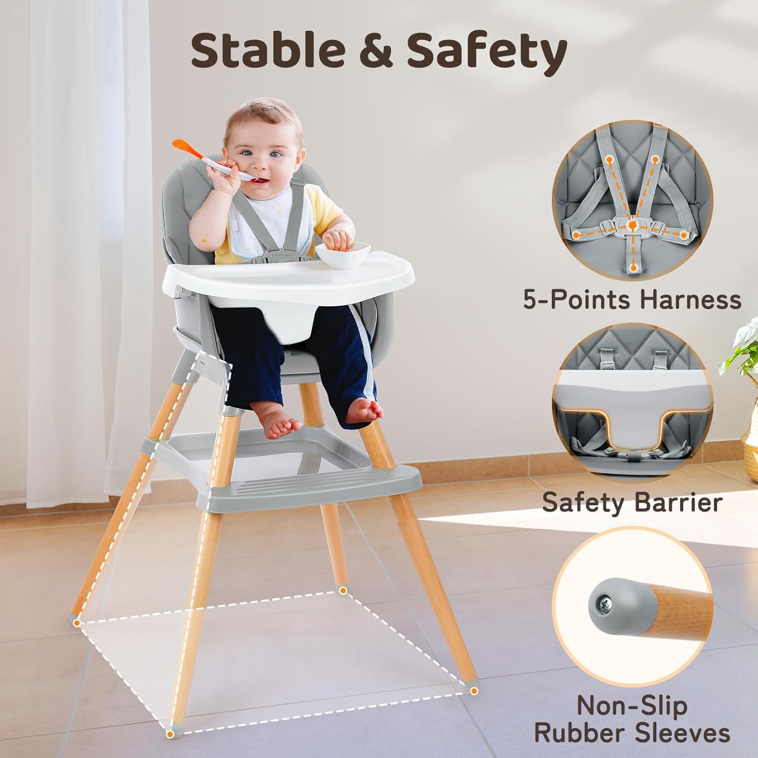 6 in 1 Wooden High Chair with Storage And Dishwasher Safe Tray