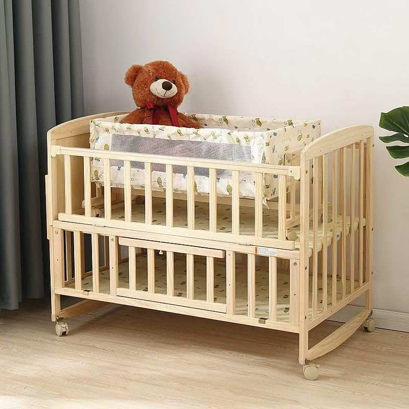 Wooden Baby Bed with Swing Cradle, Mosquito Net, Storage Space And Wheels