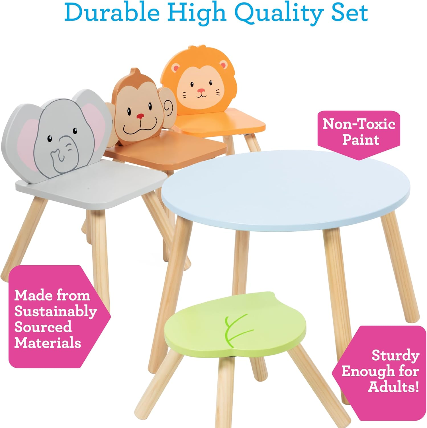 Kids Wooden Animal Table & Chair Set With 4 Seats