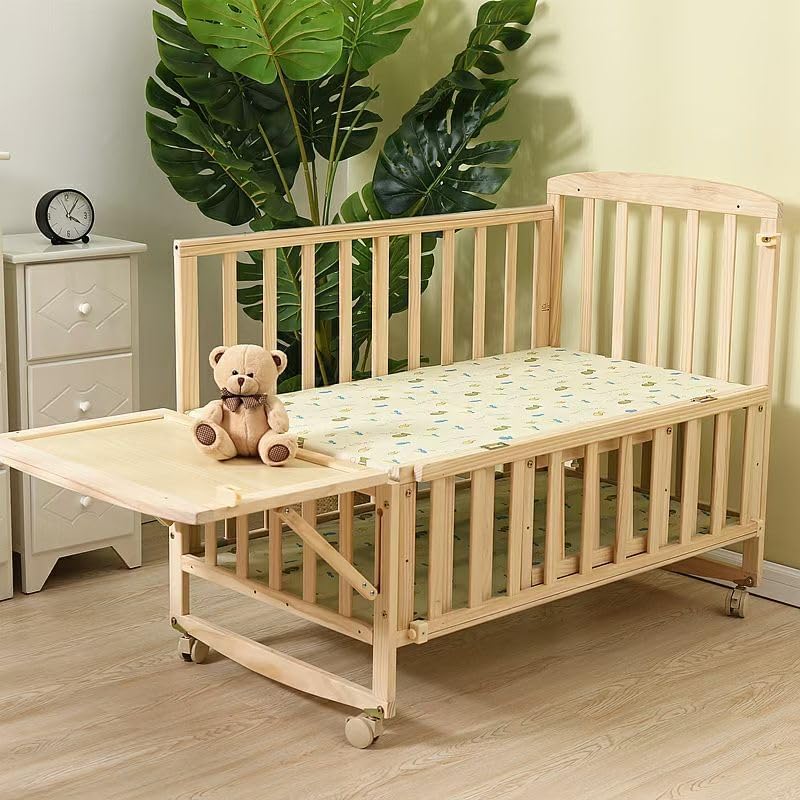 Wooden Baby Bed with Swing Cradle, Mosquito Net, Storage Space And Wheels