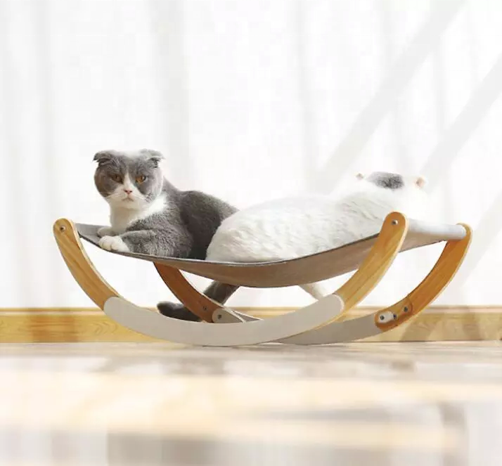 Wooden Rocking Cat Bed with Linen Mattres