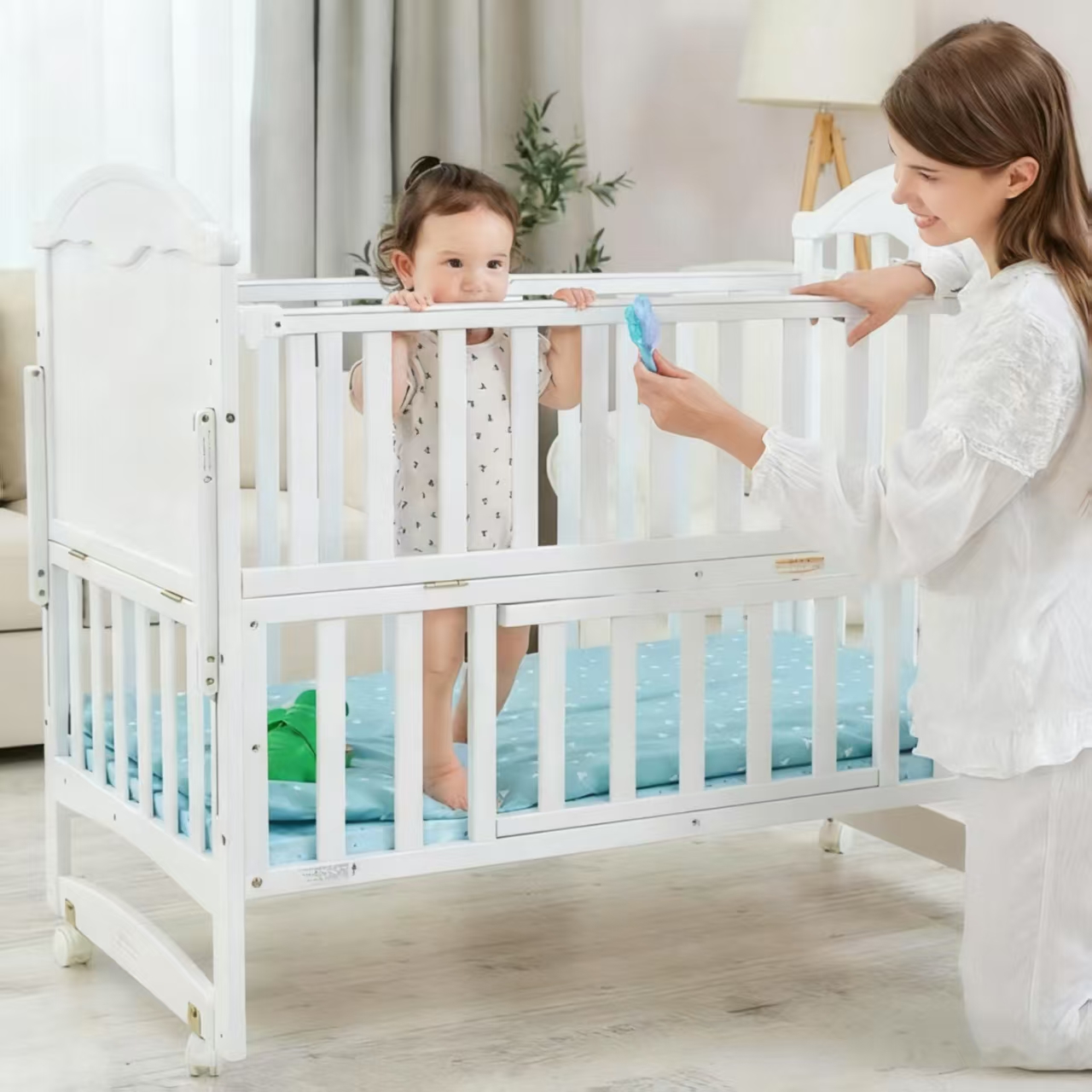 Baby Wooden Crib Portable Bed Side Crib with Multifunction