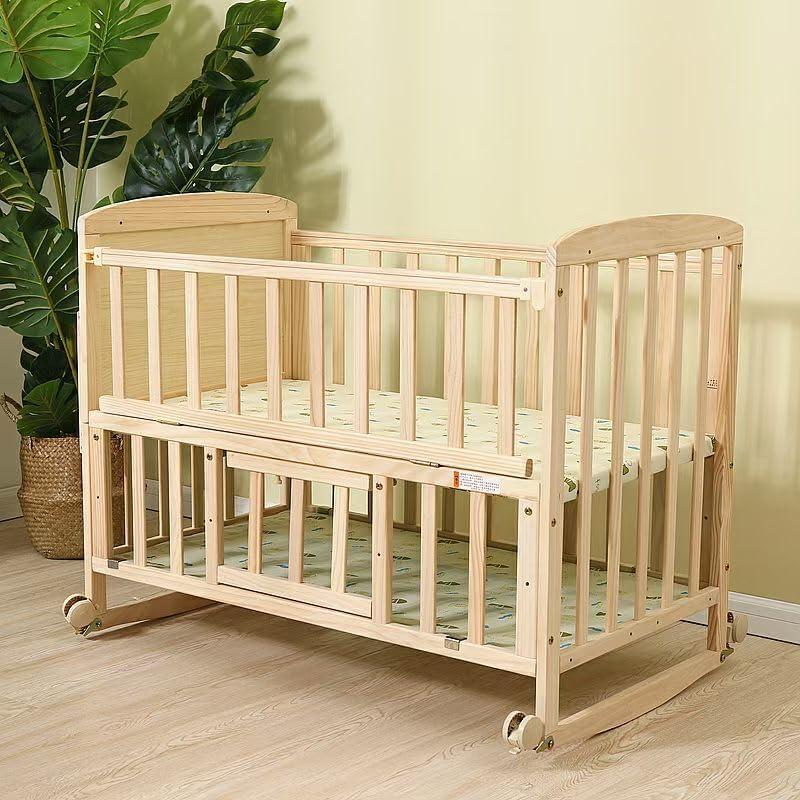 Wooden Baby Bed with Swing Cradle, Mosquito Net, Storage Space And Wheels