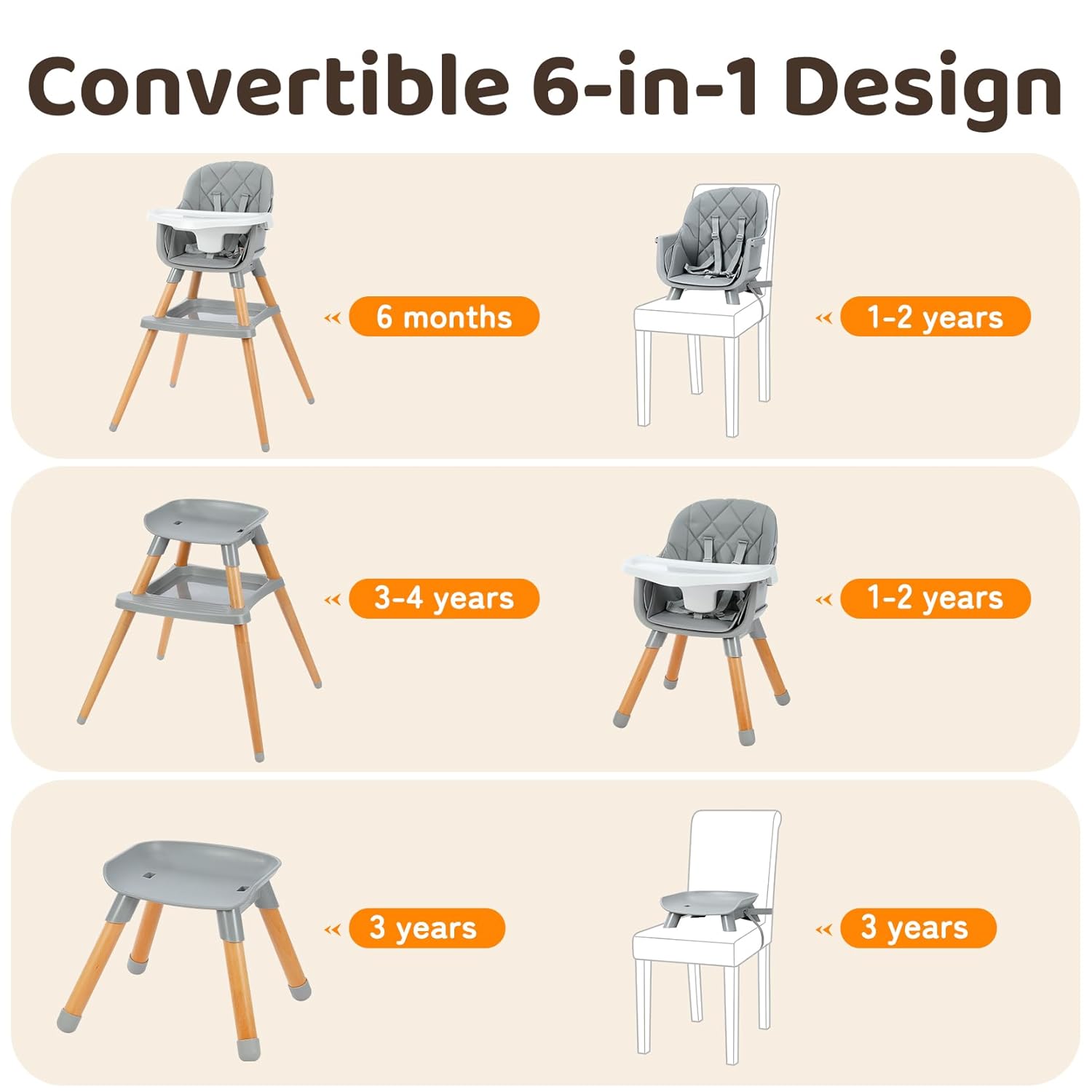 6 in 1 Wooden High Chair with Storage And Dishwasher Safe Tray