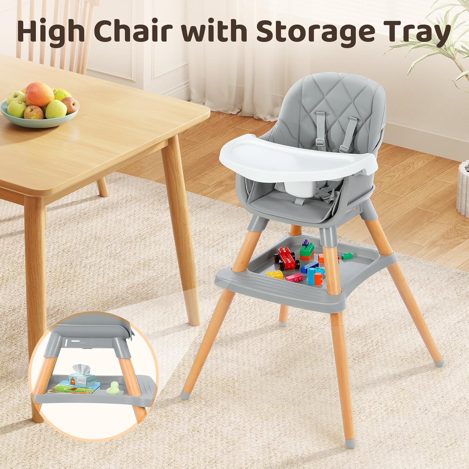 6 in 1 Wooden High Chair with Storage And Dishwasher Safe Tray
