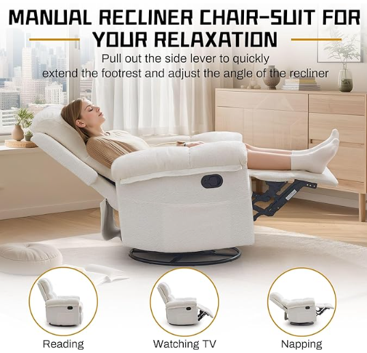 Recliner Chair, Upholstered Manual Recliner with Side Pockets, Nursery Rocking Chair for Living Room