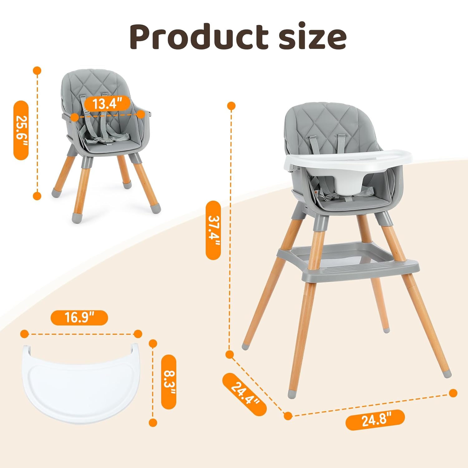 6 in 1 Wooden High Chair with Storage And Dishwasher Safe Tray