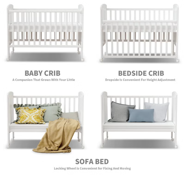 3-in-1 Wooden Baby Cot Bed，Baby Crib，Convertible Baby Bed with Teething Rail